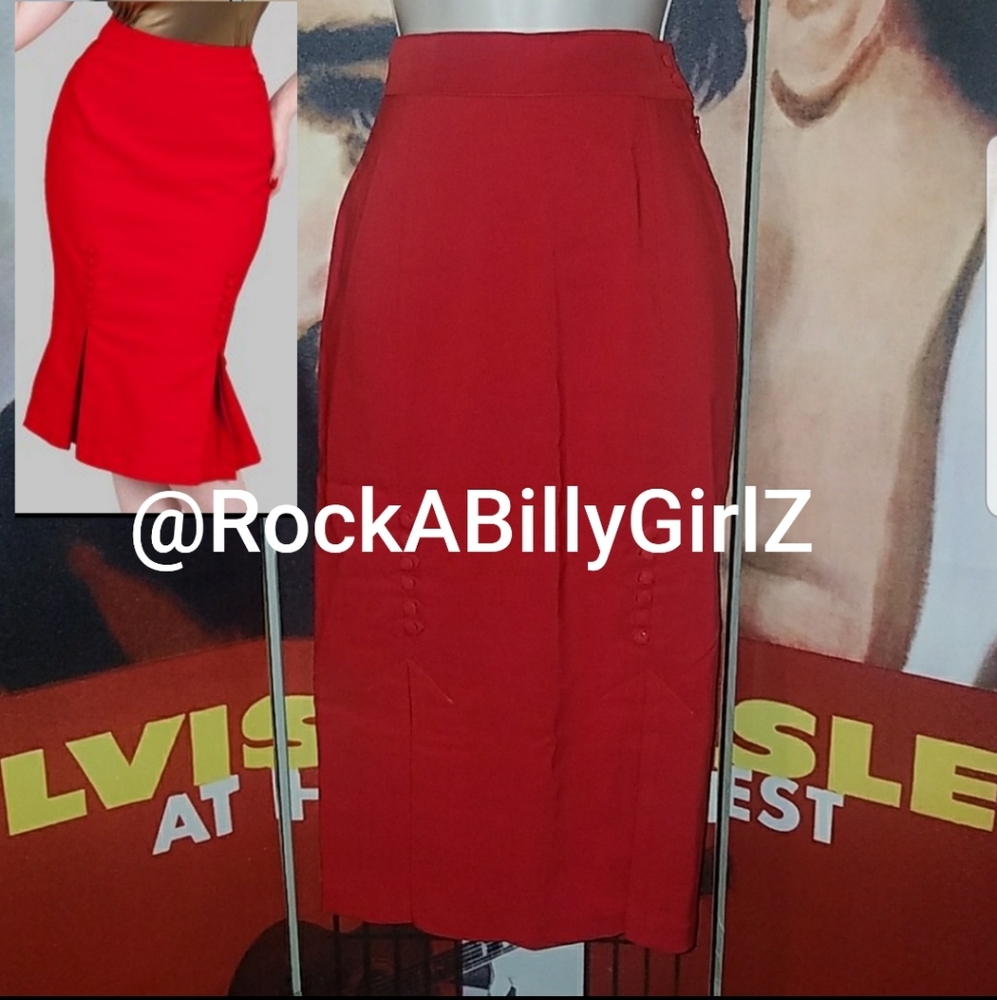 Tatyana Vintage 1950’s Cat Walk Red High Waist Pencil Skirt w Two Kick Pleats